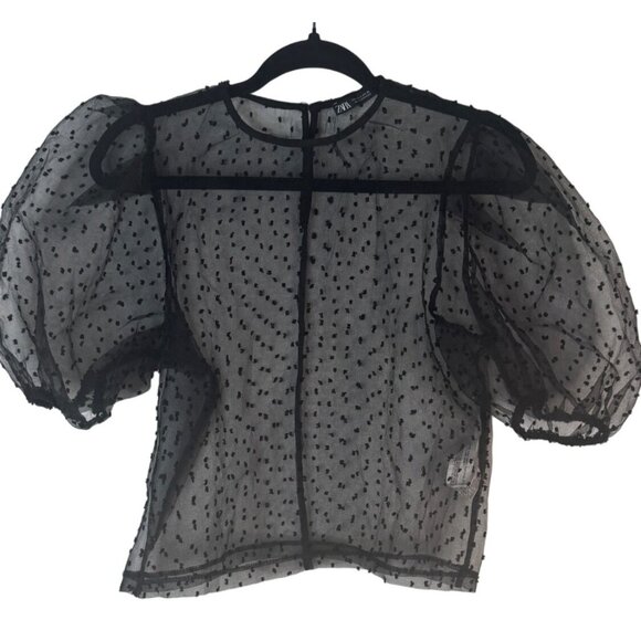 2/$30 ZARA Large Sheer Black Polka Dot Puff Sleeve Blouse By Zara 100% Polyester - Picture 1 of 14